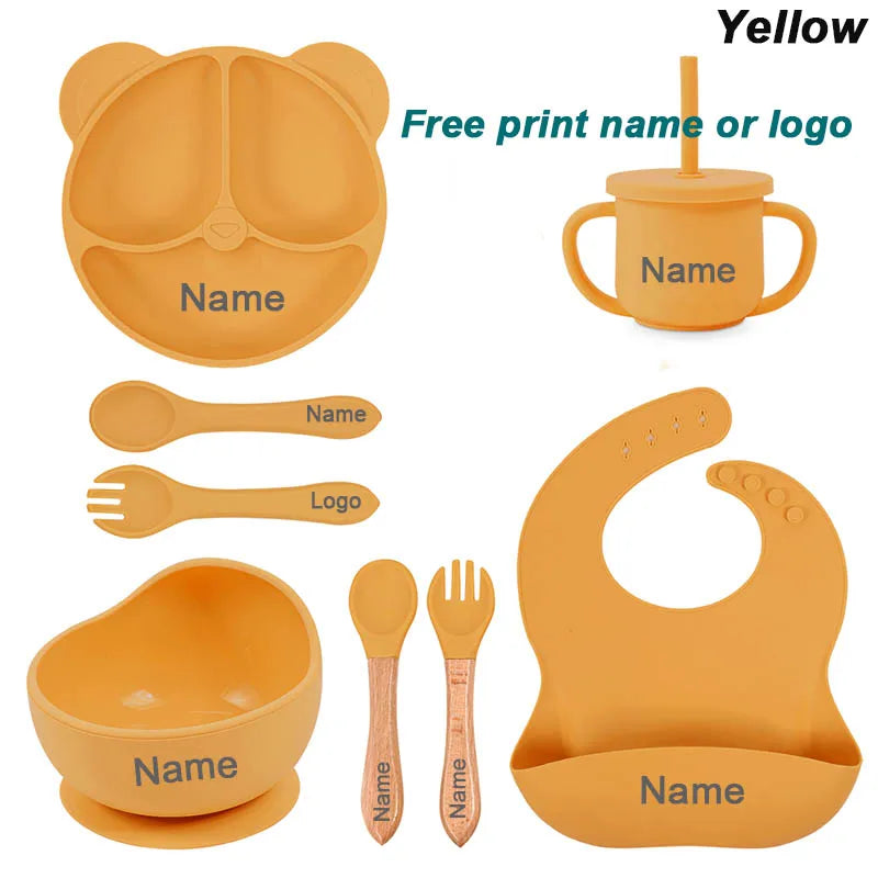 8Pcs/5Pcs Silicone Tableware For Kids Baby Feeding Set Cartoon Plate Personalized Name Sucker Cup Plate Bowl Bib Newborn Gift