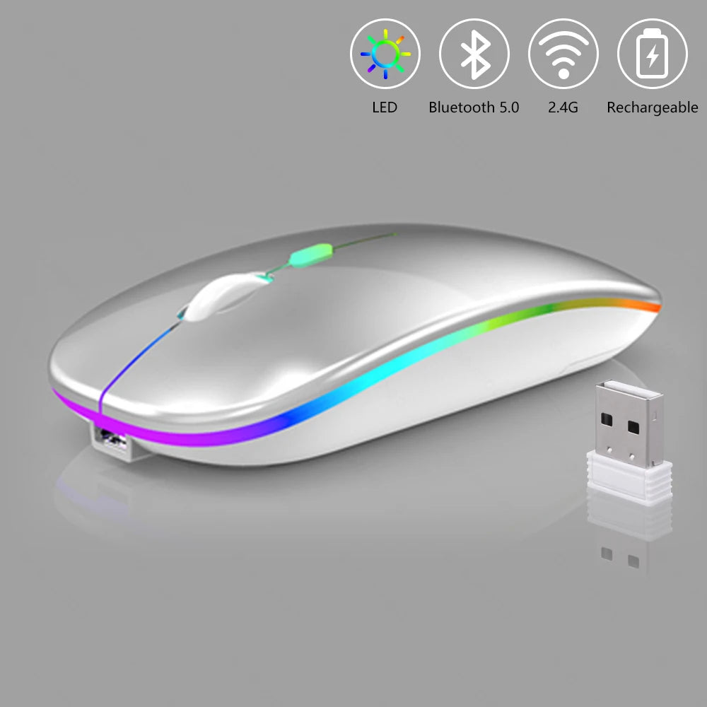 Mouse Sem Fio GOOJODOQ Dual Mode — Bluetooth + 2.4G, RGB, Recarregável, 1600DPI Silencioso