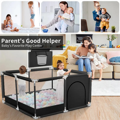 ANGDUO Baby Playpen Large 50 inch Baby Playard with Basketball Hoop and Breathable Mesh Baby Fence Game Center for Kids Black