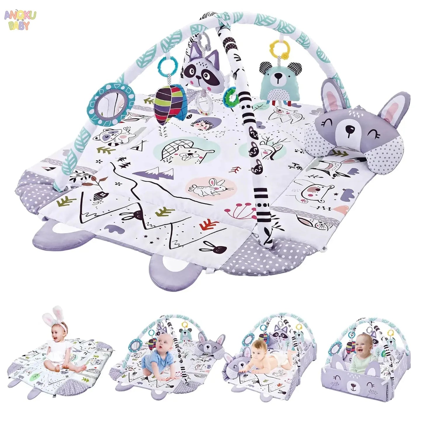 4 in 1 Baby Gym Tummy Time Play Mat Foldable Baby Play Gym with Mirror & Pillow Thickened Gym for Babies 0-36 M Educational Toy