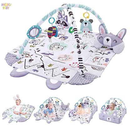 4 in 1 Baby Gym Tummy Time Play Mat Foldable Baby Play Gym with Mirror & Pillow Thickened Gym for Babies 0-36 M Educational Toy