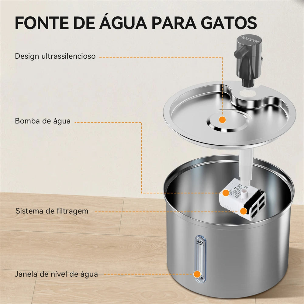 Bebedouro Automático para Gatos e Cães Newpet 3L — Aço Inox, Silencioso, com Filtro