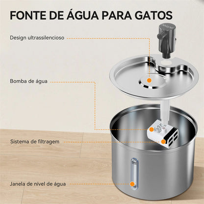 Bebedouro Automático para Gatos e Cães Newpet 3L — Aço Inox, Silencioso, com Filtro