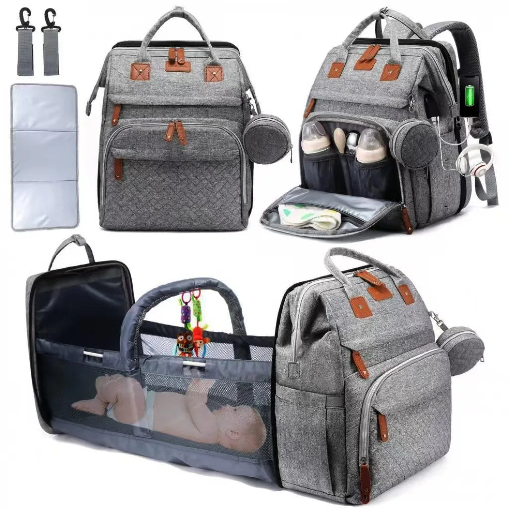 Multifunctional Bed Diaper Backpack Baby Girl Boy Nappy Changing Bag Large Capacity Folding Crib Nursing Mommy Bag for Travel
