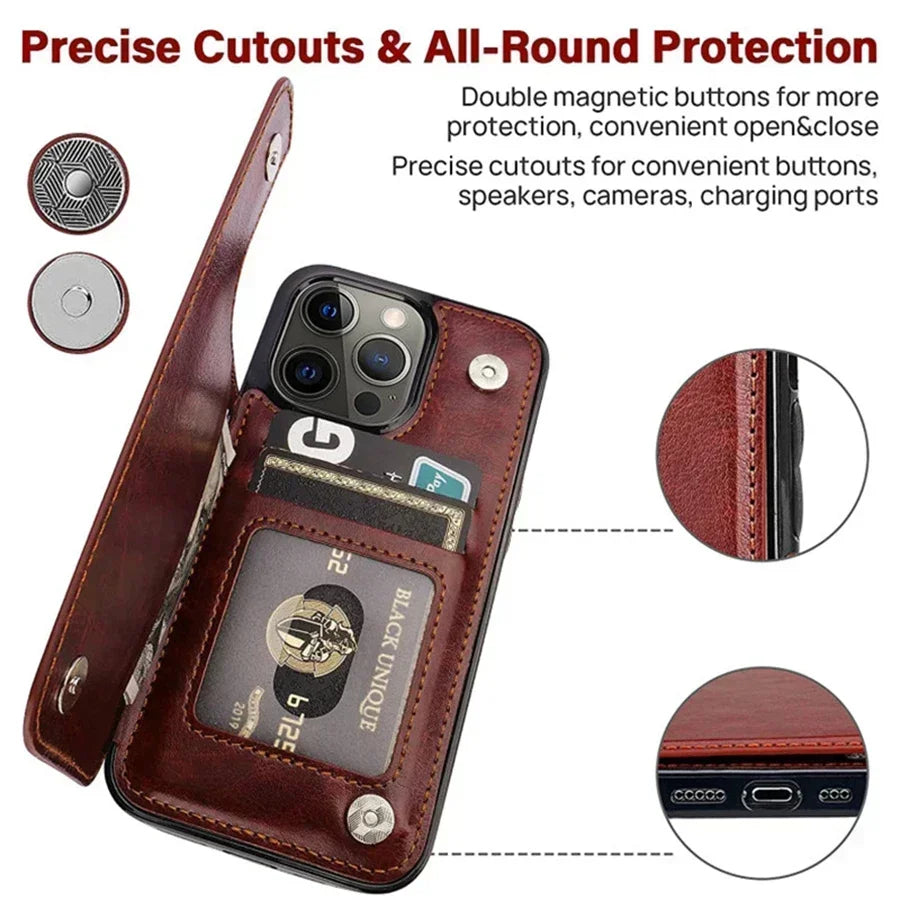 Wallet Double Button With Card Slot Stand Flip Leather Case For iPhone 16e 16 Pro Max 15 Plus 14 13 12 Mini 11 SE3 SE2 X XR 8 7
