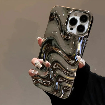 A silver-plated 3D personalized water wave pattern phone case, suitable for iPhone 11, iPhone 13, iPhone 14 Pro Max, iPhone 15,