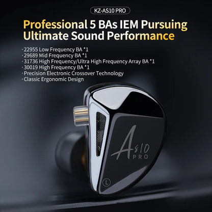 KZ-AS10 PRO 5BA Fones De Ouvido, HiFi Bass Stereo, Monitor Earbuds, Fone De Ouvido De Musica Com Cabo Banhado A Prata