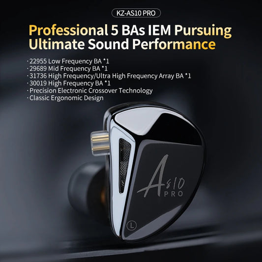 KZ-AS10 PRO 5BA Fones De Ouvido, HiFi Bass Stereo, Monitor Earbuds, Fone De Ouvido De Musica Com Cabo Banhado A Prata