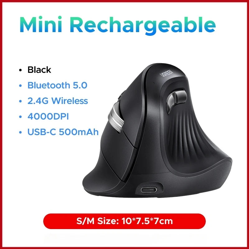 Mouse Vertical Sem Fio UGREEN — Bluetooth 5.0 + 2.4G, Recarregável, 4000DPI, Ergonômico