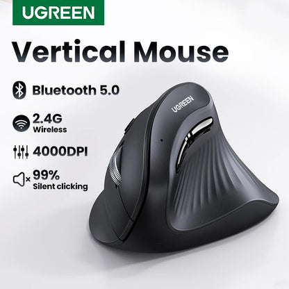 Mouse Vertical Sem Fio UGREEN — Bluetooth 5.0 + 2.4G, Recarregável, 4000DPI, Ergonômico