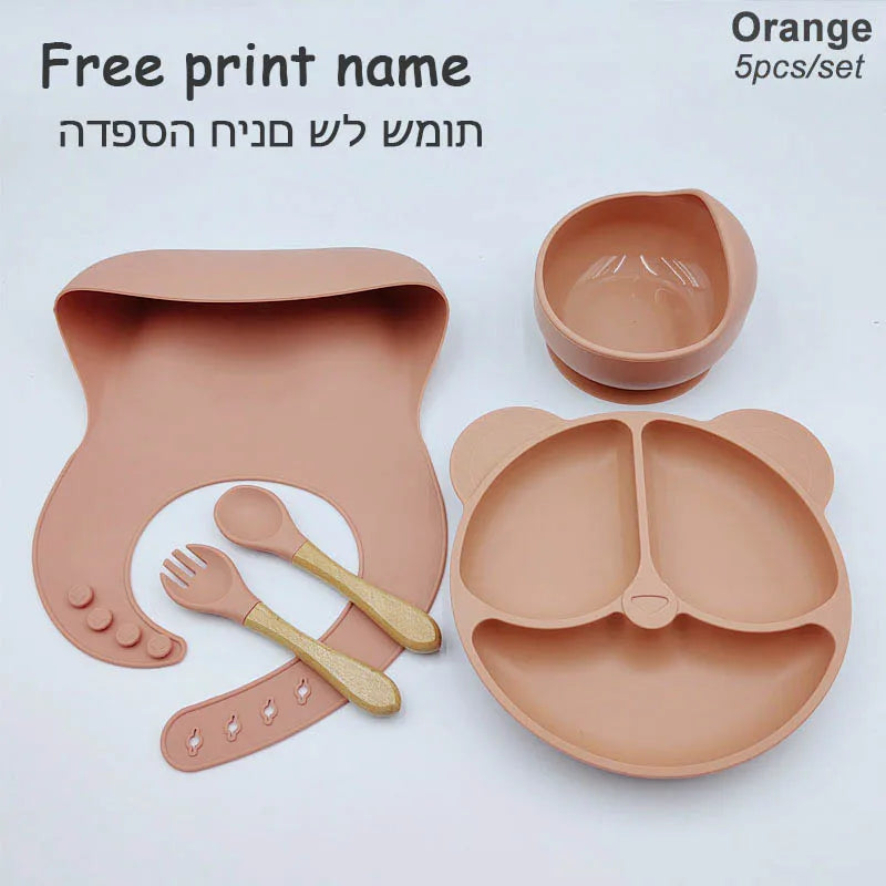 8Pcs/5Pcs Silicone Tableware For Kids Baby Feeding Set Cartoon Plate Personalized Name Sucker Cup Plate Bowl Bib Newborn Gift