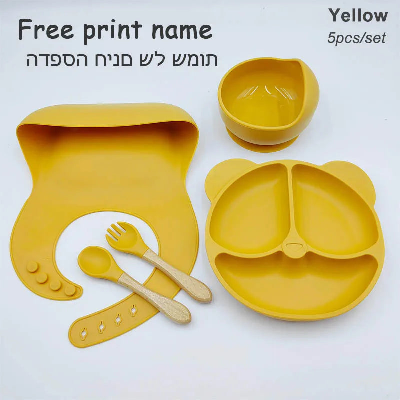 8Pcs/5Pcs Silicone Tableware For Kids Baby Feeding Set Cartoon Plate Personalized Name Sucker Cup Plate Bowl Bib Newborn Gift