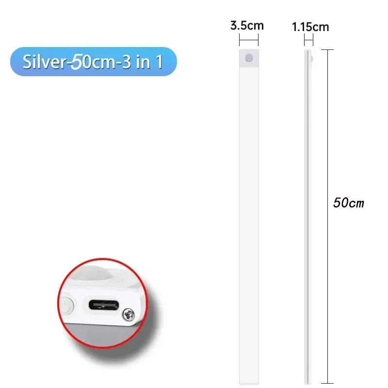 Luz LED com Sensor de Movimento Recarregável — 10 a 60cm para Armário, Quarto e Cozinha
