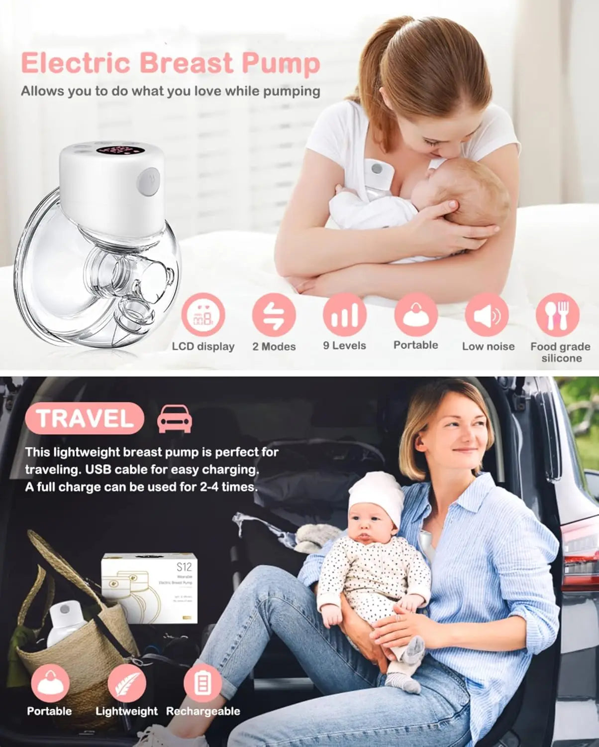 BornBL S12 Double / Single Electric Breast Pumps, Hands-free Poratable Mom Milk Puller Pump, Slient Breastfeeding Pump for Baby