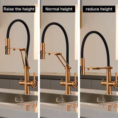 Torneira de Cozinha Industrial Bronze Escovado Ouro Rosé — Filtro Separado | Água Quente e Fria