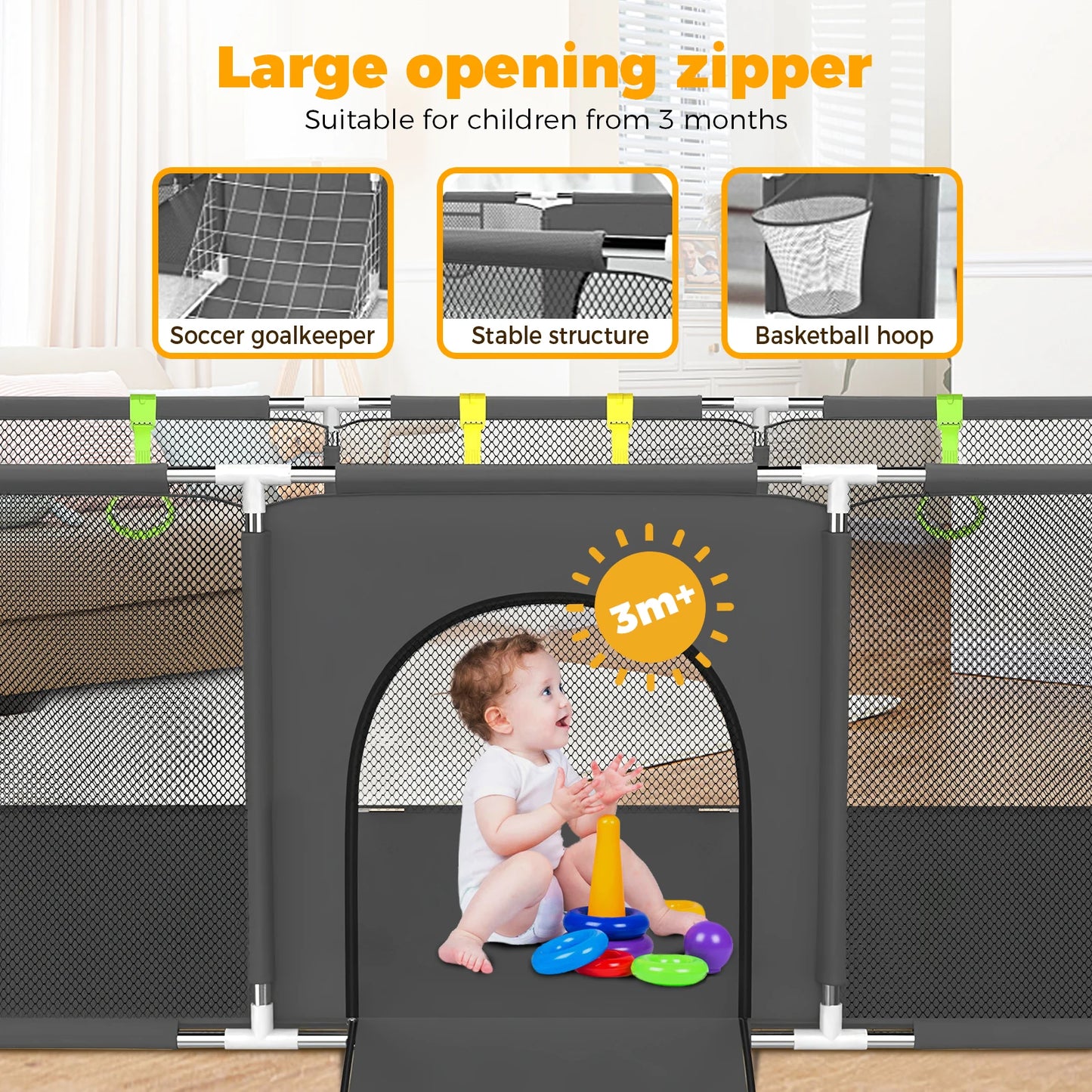 Baby Playpen with Breathable Net, with Basketball Basket and Football Frame, Foldable Activity Centre For Baby, 182 x 122 cm