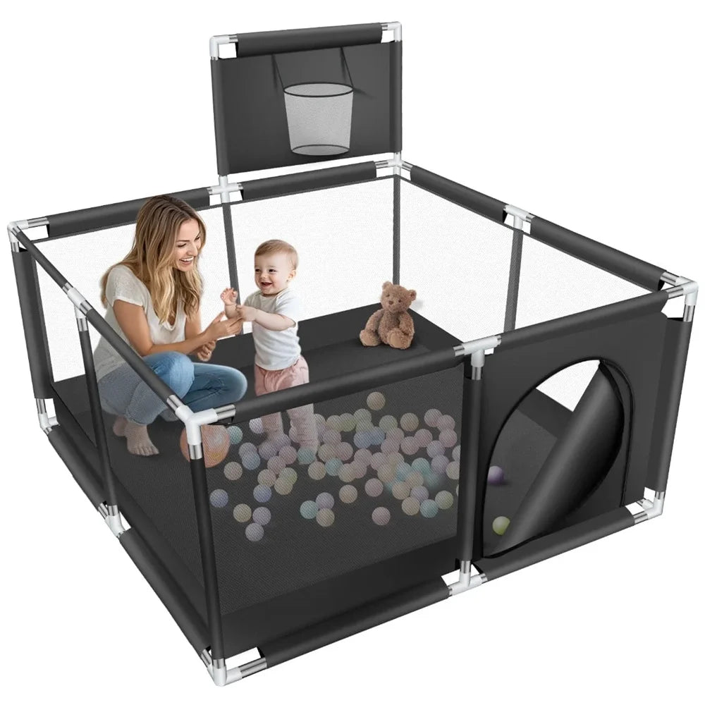ANGDUO Baby Playpen Large 50 inch Baby Playard with Basketball Hoop and Breathable Mesh Baby Fence Game Center for Kids Black