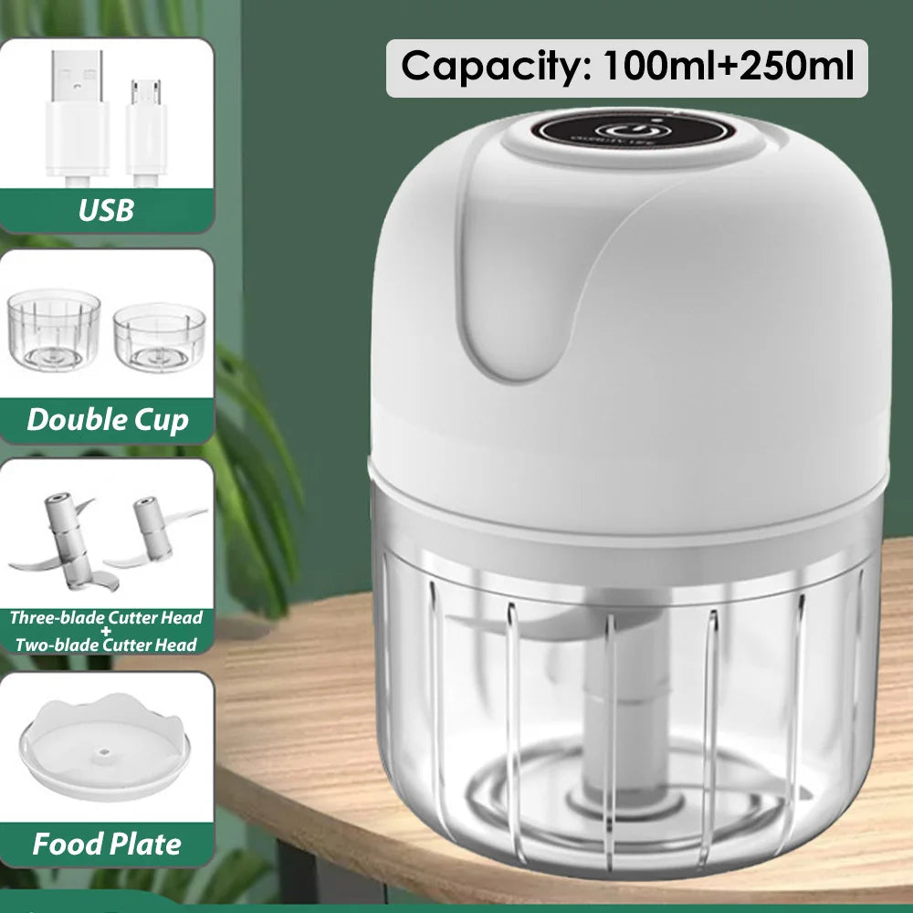 Triturador Elétrico USB Mini 100/250ml — Processador de Alho, Legumes e Carne