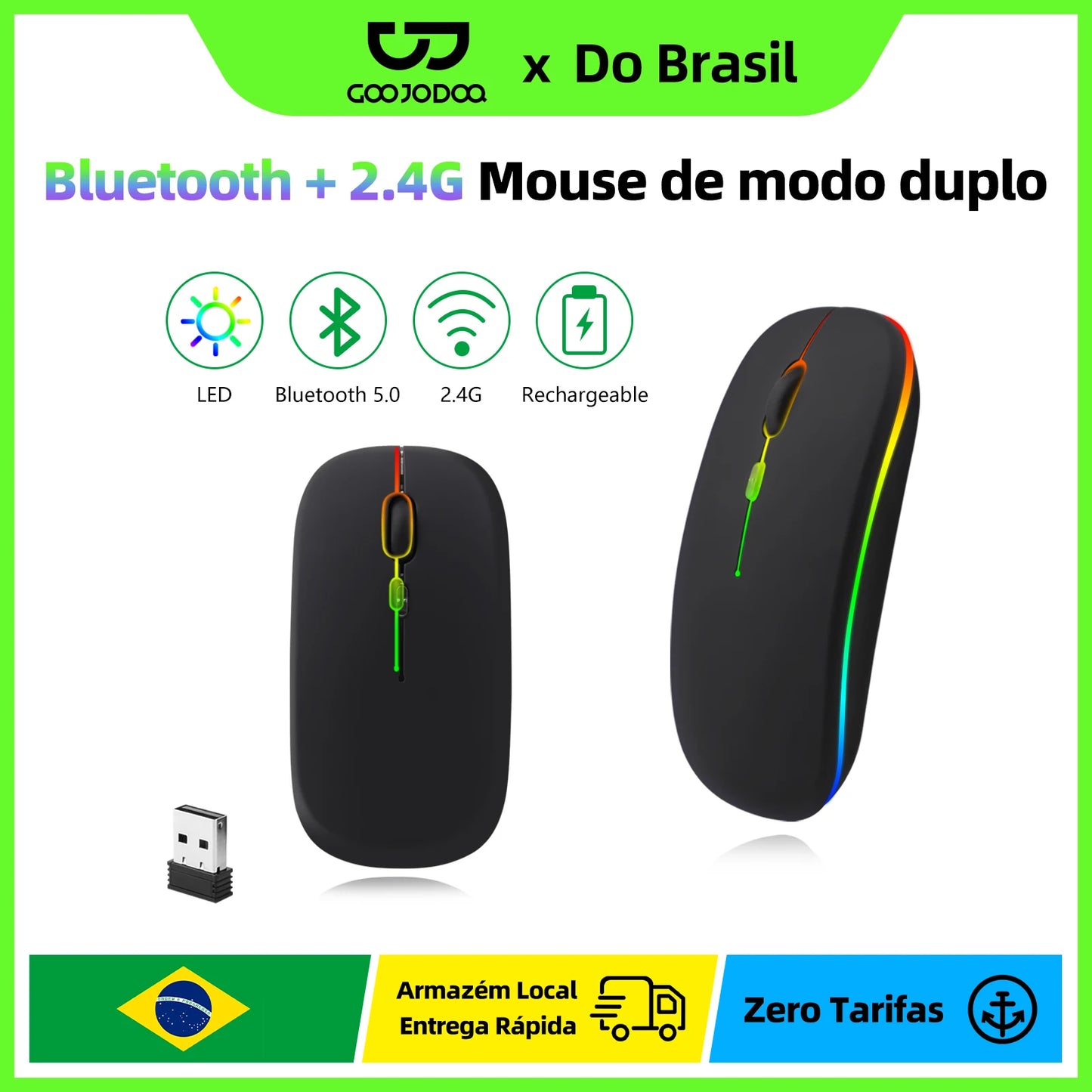 Mouse Sem Fio GOOJODOQ Dual Mode — Bluetooth + 2.4G, RGB, Recarregável, 1600DPI Silencioso