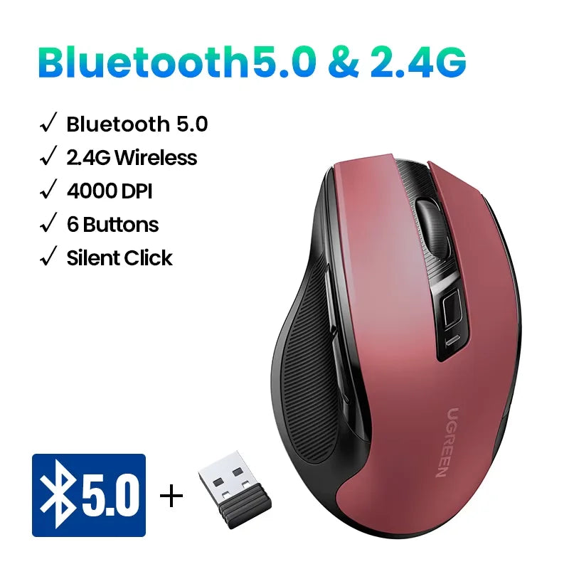 Mouse Sem Fio UGREEN — Bluetooth 5.0 + 2.4G, 4000DPI, 6 Botões Silenciosos