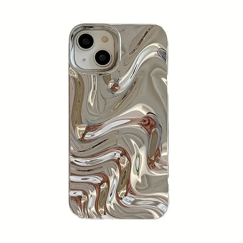 A silver-plated 3D personalized water wave pattern phone case, suitable for iPhone 11, iPhone 13, iPhone 14 Pro Max, iPhone 15,