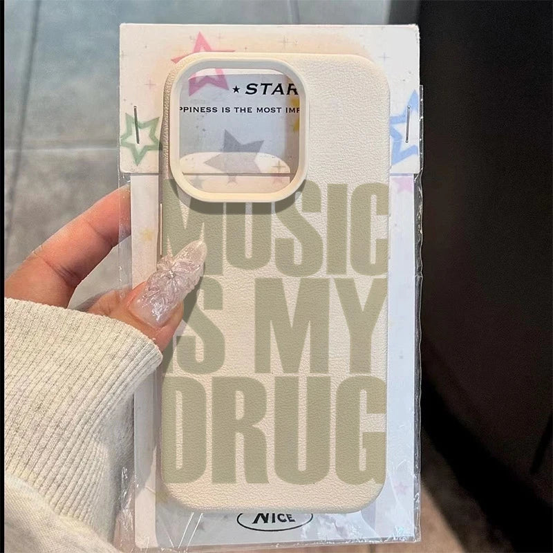 For iPhone 17 Pro Max 16 15 14 13 12 11 XS X XR 7 8 16 Plus 17 Air Phone Case MUSIC IS MY DRUG Pattern Lychee Texture Soft Cover
