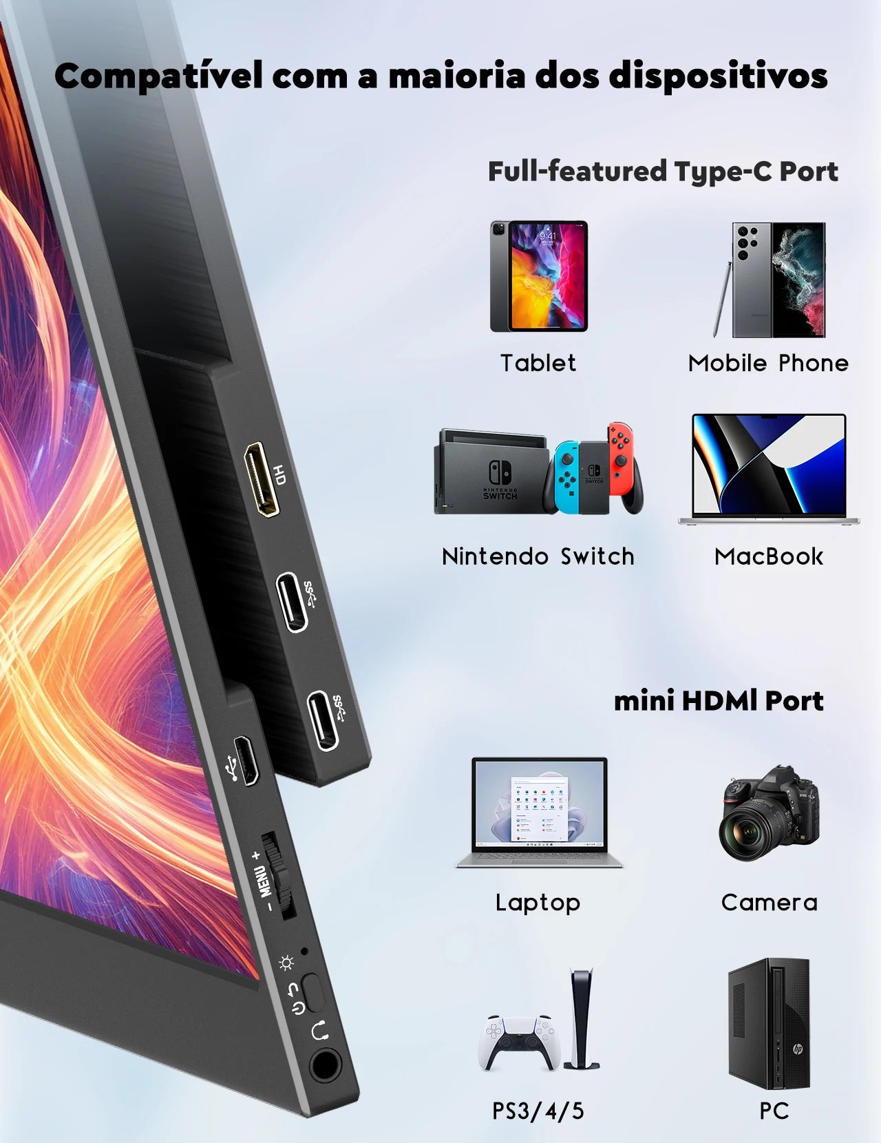 Monitor Portátil Amoudo 15,6" Full HD — IPS 1080P, USB-C, Mini HDMI, Tela Extendida