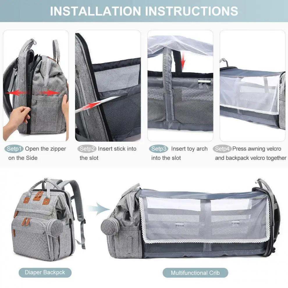 Multifunctional Bed Diaper Backpack Baby Girl Boy Nappy Changing Bag Large Capacity Folding Crib Nursing Mommy Bag for Travel