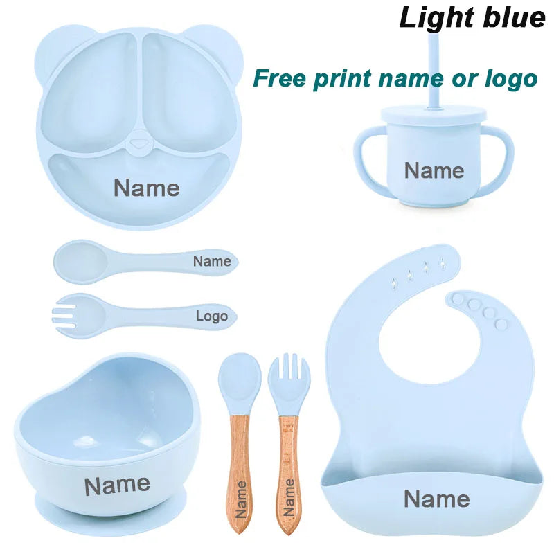 8Pcs/5Pcs Silicone Tableware For Kids Baby Feeding Set Cartoon Plate Personalized Name Sucker Cup Plate Bowl Bib Newborn Gift