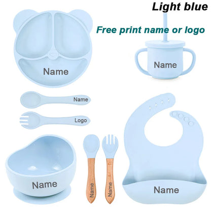 8Pcs/5Pcs Silicone Tableware For Kids Baby Feeding Set Cartoon Plate Personalized Name Sucker Cup Plate Bowl Bib Newborn Gift