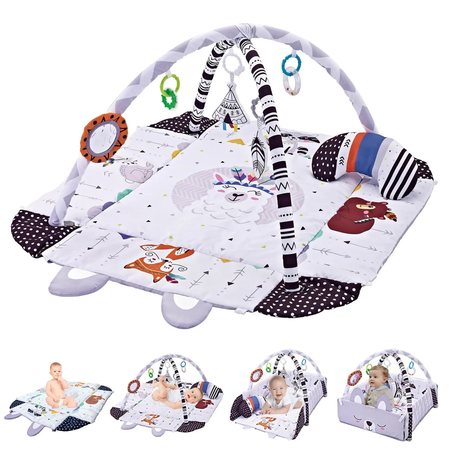 4 in 1 Baby Gym Tummy Time Play Mat Foldable Baby Play Gym with Mirror & Pillow Thickened Gym for Babies 0-36 M Educational Toy