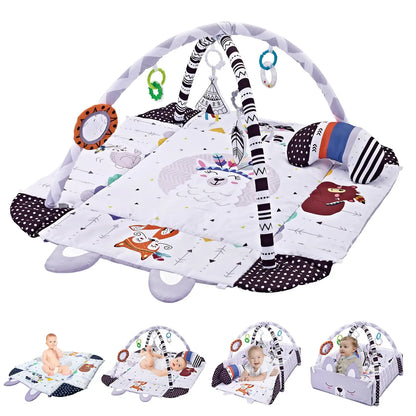 4 in 1 Baby Gym Tummy Time Play Mat Foldable Baby Play Gym with Mirror & Pillow Thickened Gym for Babies 0-36 M Educational Toy