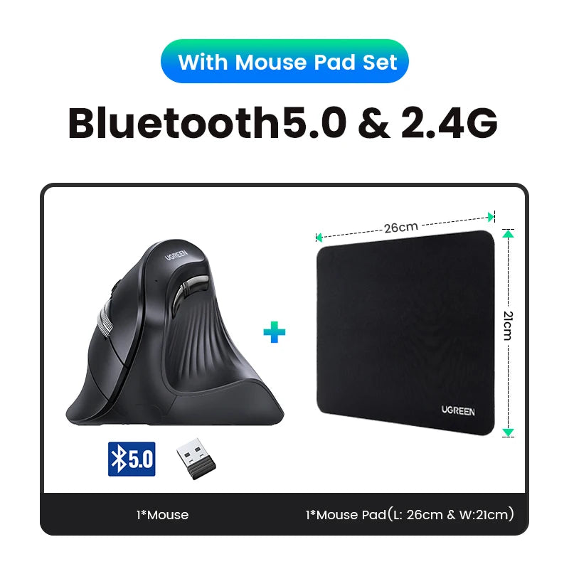 Mouse Vertical Sem Fio UGREEN — Bluetooth 5.0 + 2.4G, Recarregável, 4000DPI, Ergonômico
