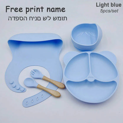 8Pcs/5Pcs Silicone Tableware For Kids Baby Feeding Set Cartoon Plate Personalized Name Sucker Cup Plate Bowl Bib Newborn Gift