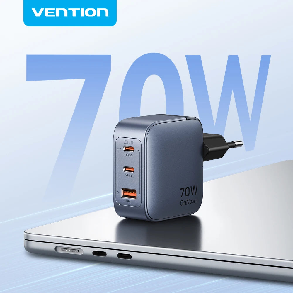 Carregador Vention 70W GaN USB-C QC 3.0 — iPhone 17, iPad e MacBook Air