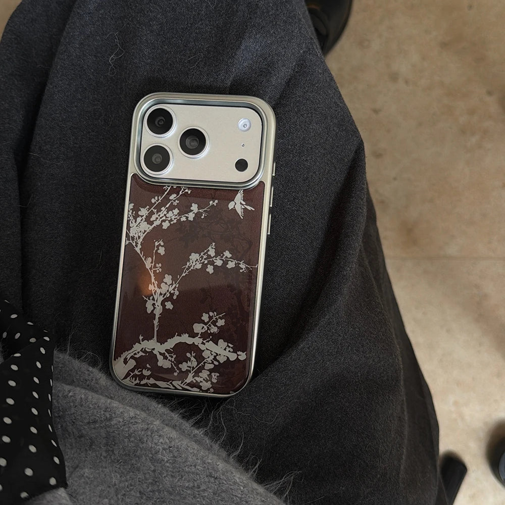 Elegant Brown with White Floral Pattern Stylish Case for iPhone 17 16 15 14 17ProMax 13 Electroplated Drop Glue Shockproof Cover