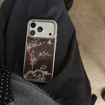 Elegant Brown with White Floral Pattern Stylish Case for iPhone 17 16 15 14 17ProMax 13 Electroplated Drop Glue Shockproof Cover