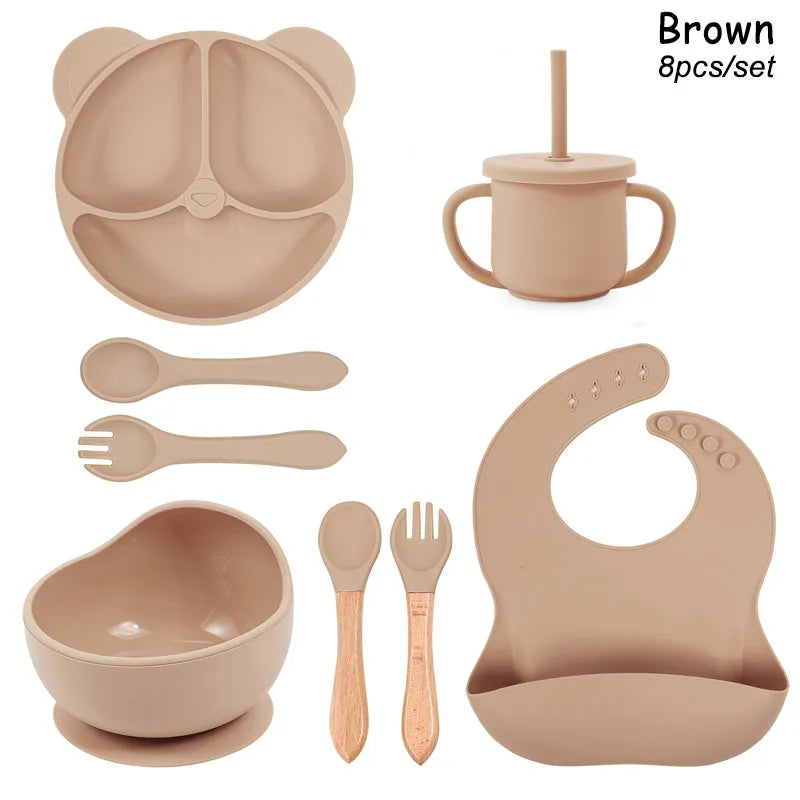 8Pcs/5Pcs Silicone Tableware For Kids Baby Feeding Set Cartoon Plate Personalized Name Sucker Cup Plate Bowl Bib Newborn Gift
