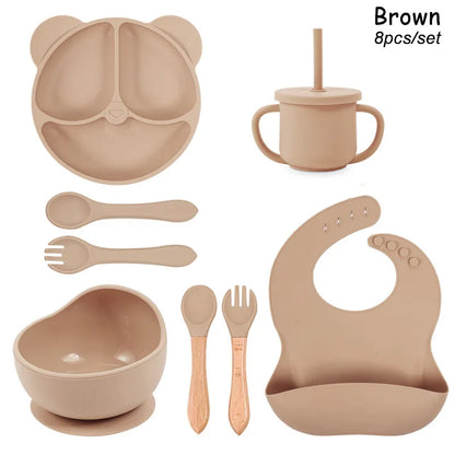 8Pcs/5Pcs Silicone Tableware For Kids Baby Feeding Set Cartoon Plate Personalized Name Sucker Cup Plate Bowl Bib Newborn Gift