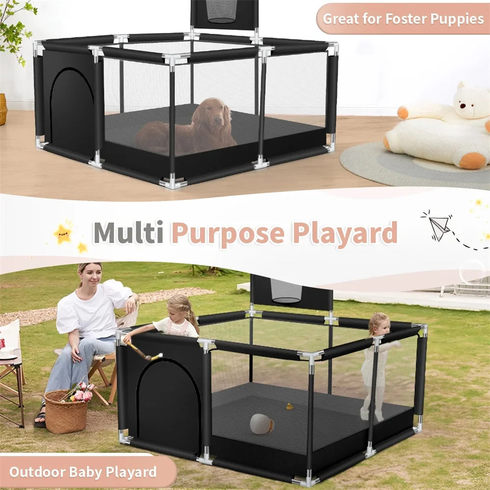ANGDUO Baby Playpen Large 50 inch Baby Playard with Basketball Hoop and Breathable Mesh Baby Fence Game Center for Kids Black