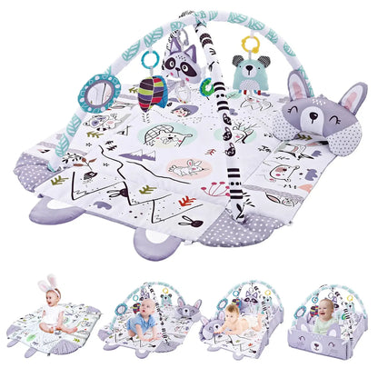 4 in 1 Baby Gym Tummy Time Play Mat Foldable Baby Play Gym with Mirror & Pillow Thickened Gym for Babies 0-36 M Educational Toy