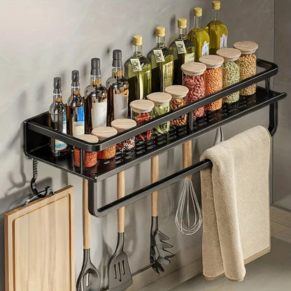 Multifunctional Aluminum Wall-Mounted Shelf Kitchen Spice Storage Rack Kitchen Supplies Storage Hooks Kitchen Accessories