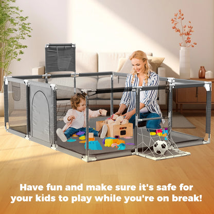 Baby Playpen with Breathable Net, with Basketball Basket and Football Frame, Foldable Activity Centre For Baby, 182 x 122 cm