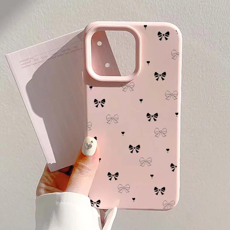 White And Pink Bow Love Heart Print Phone Case For iPhone 17 16 15 Pro Max 14 13 12 11 16 15 Plus 17 Air Shockproof Bumper Cover