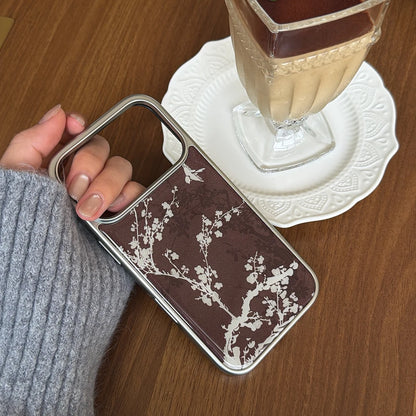 Elegant Brown with White Floral Pattern Stylish Case for iPhone 17 16 15 14 17ProMax 13 Electroplated Drop Glue Shockproof Cover