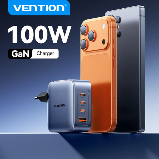 Carregador Vention 100W GaN USB-C — MacBook, iPhone 17 e Xiaomi | Carga Rápida