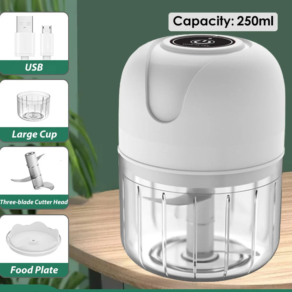 Triturador Elétrico USB Mini 100/250ml — Processador de Alho, Legumes e Carne