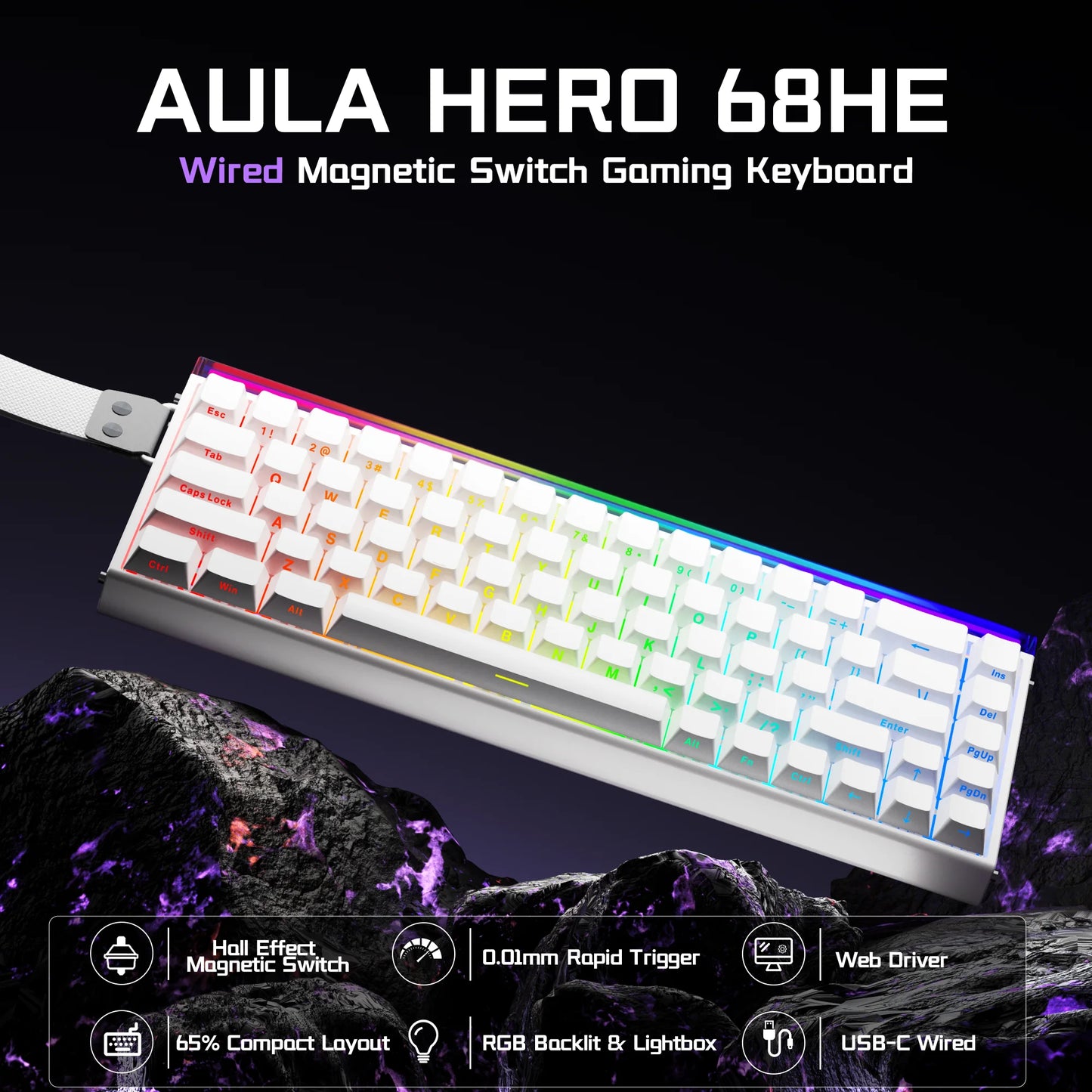 Teclado Gamer AULA HERO 68HE — Switch Magnético, Rapid Trigger 8K, RGB, Wired