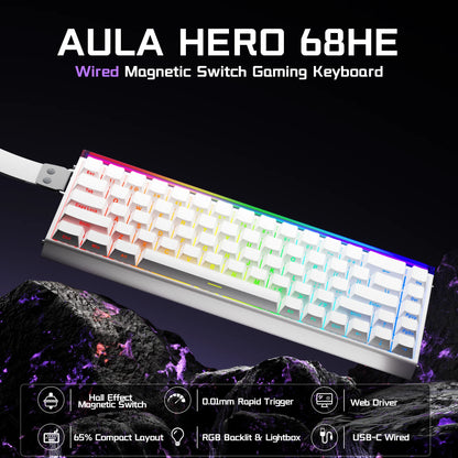 Teclado Gamer AULA HERO 68HE — Switch Magnético, Rapid Trigger 8K, RGB, Wired