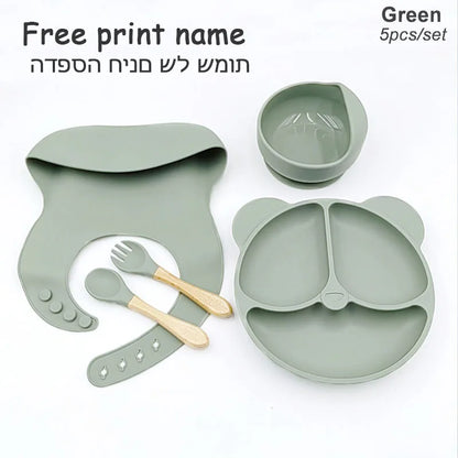 8Pcs/5Pcs Silicone Tableware For Kids Baby Feeding Set Cartoon Plate Personalized Name Sucker Cup Plate Bowl Bib Newborn Gift
